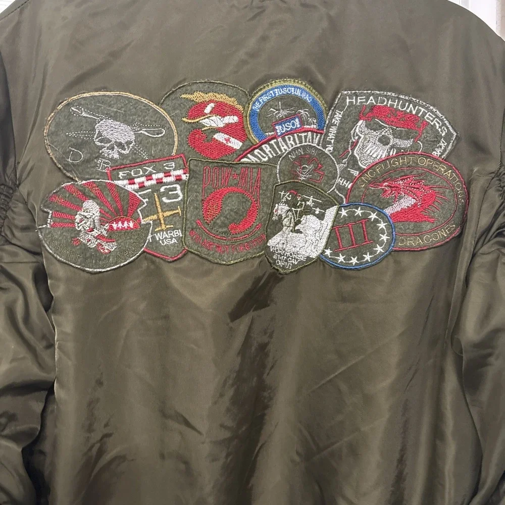 American Stitch Military Bomber Jacket Aviation Patches Ruched Sz M Green Unisex